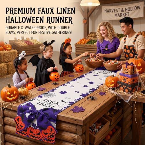 Halloween Table Runner 72 in with Big Bows Spillproof Pumpkin Ghost Spill-proof/Water-resistant,3D Statement Bow-Knot,Premium Heavyweight Fabric,Spillproof Coating & Outdoor Ready - Multi - Size C