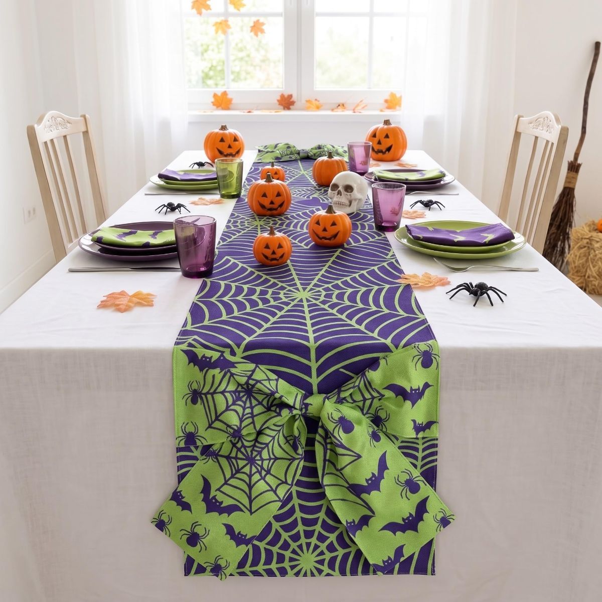 Halloween Table Runner 72 in with Big Bows Spillproof Pumpkin Ghost Spill-proof/Water-resistant,3D Statement Bow-Knot,Premium Heavyweight Fabric,Spillproof Coating & Outdoor Ready - Multi - Size C