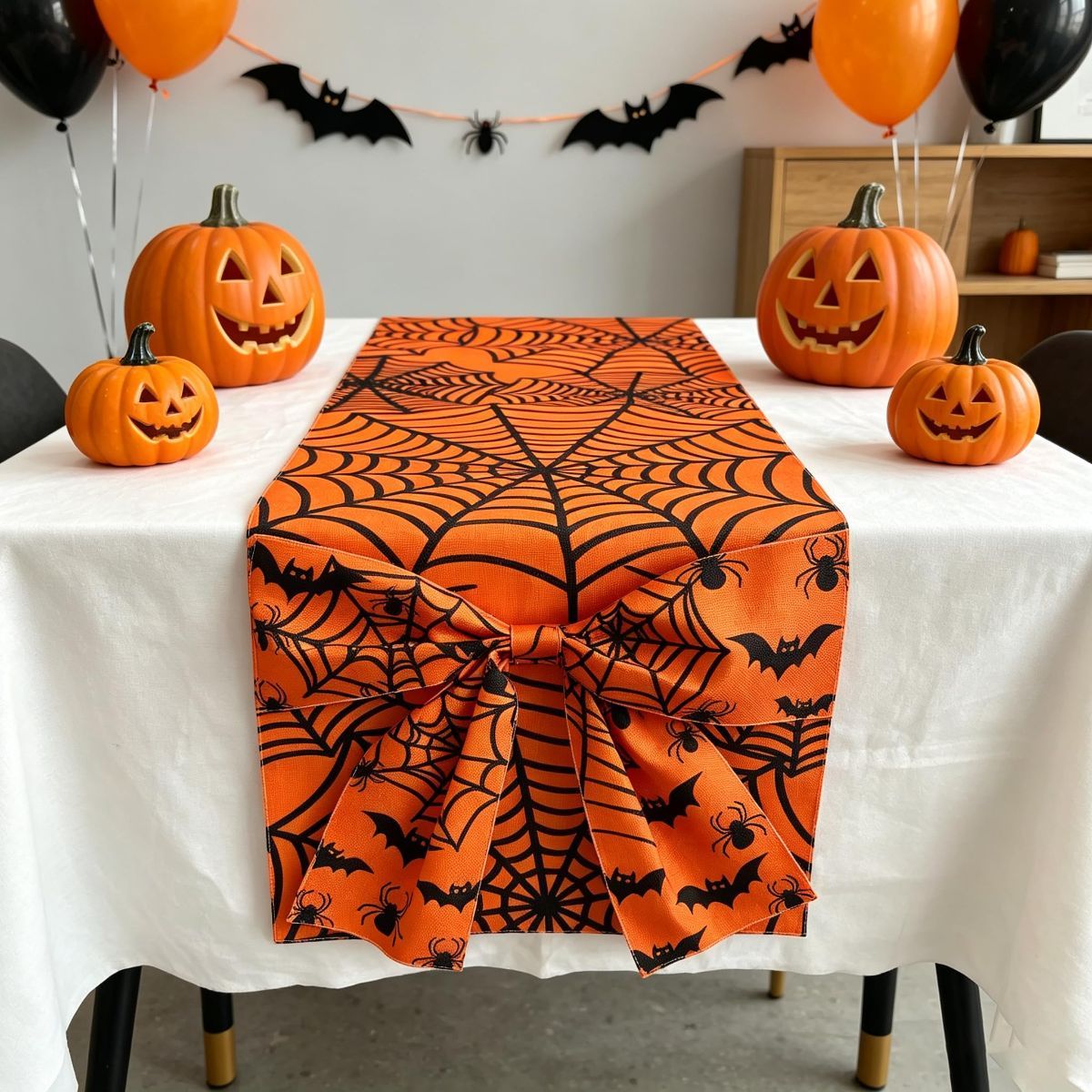 Halloween Table Runner 72 in with Big Bows Spillproof Pumpkin Ghost Spill-proof/Water-resistant,3D Statement Bow-Knot,Premium Heavyweight Fabric,Spillproof Coating & Outdoor Ready - Multi - Size E