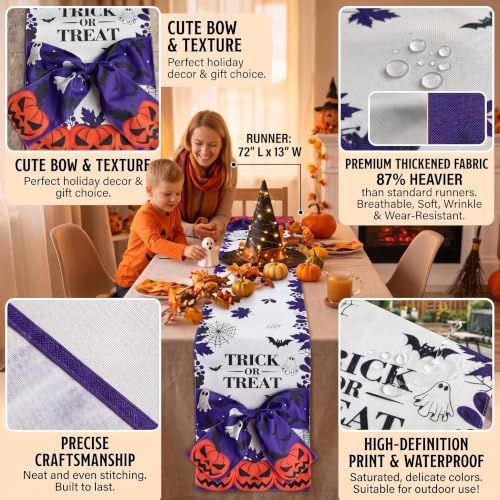Halloween Table Runner 72 in with Big Bows Spillproof Pumpkin Ghost Spill-proof/Water-resistant,3D Statement Bow-Knot,Premium Heavyweight Fabric,Spillproof Coating & Outdoor Ready - Multi - Size E