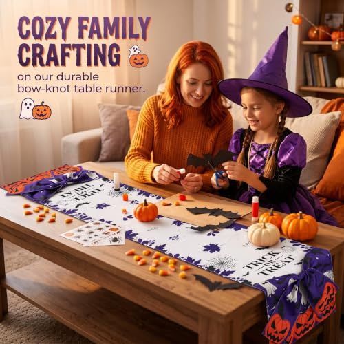Halloween Table Runner 72 in with Big Bows Spillproof Pumpkin Ghost Spill-proof/Water-resistant,3D Statement Bow-Knot,Premium Heavyweight Fabric,Spillproof Coating & Outdoor Ready - Multi - Size E