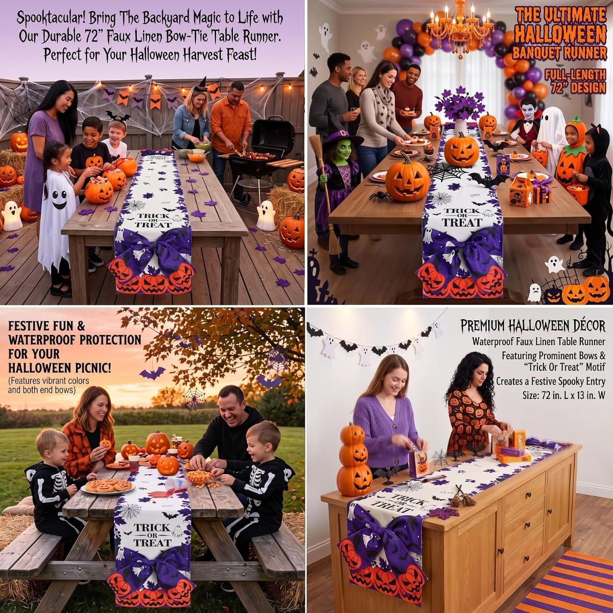 Halloween Table Runner 72 in with Big Bows Spillproof Pumpkin Ghost Spill-proof/Water-resistant,3D Statement Bow-Knot,Premium Heavyweight Fabric,Spillproof Coating & Outdoor Ready - Multi - Size E