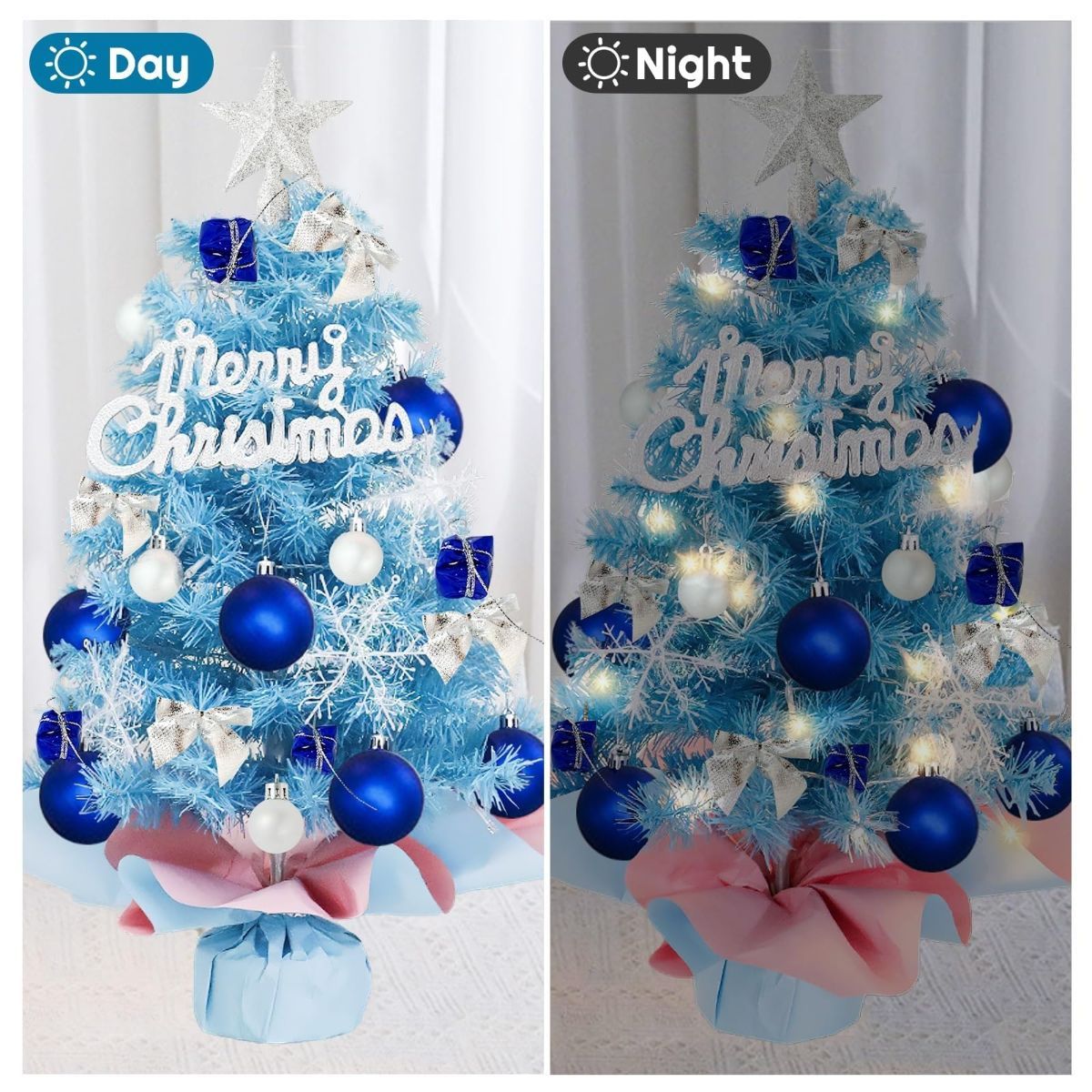 With LED String Light, Mini Christmas Tree, Tabletop Artificial Christmas Tree with Ornaments – Perfect for Home Indoor Decor, Living Room, Bedroom, Office Desk, Mantelpiece, Windowsill, Party Centerpiece and Holiday Display - Blue - Size 45cm