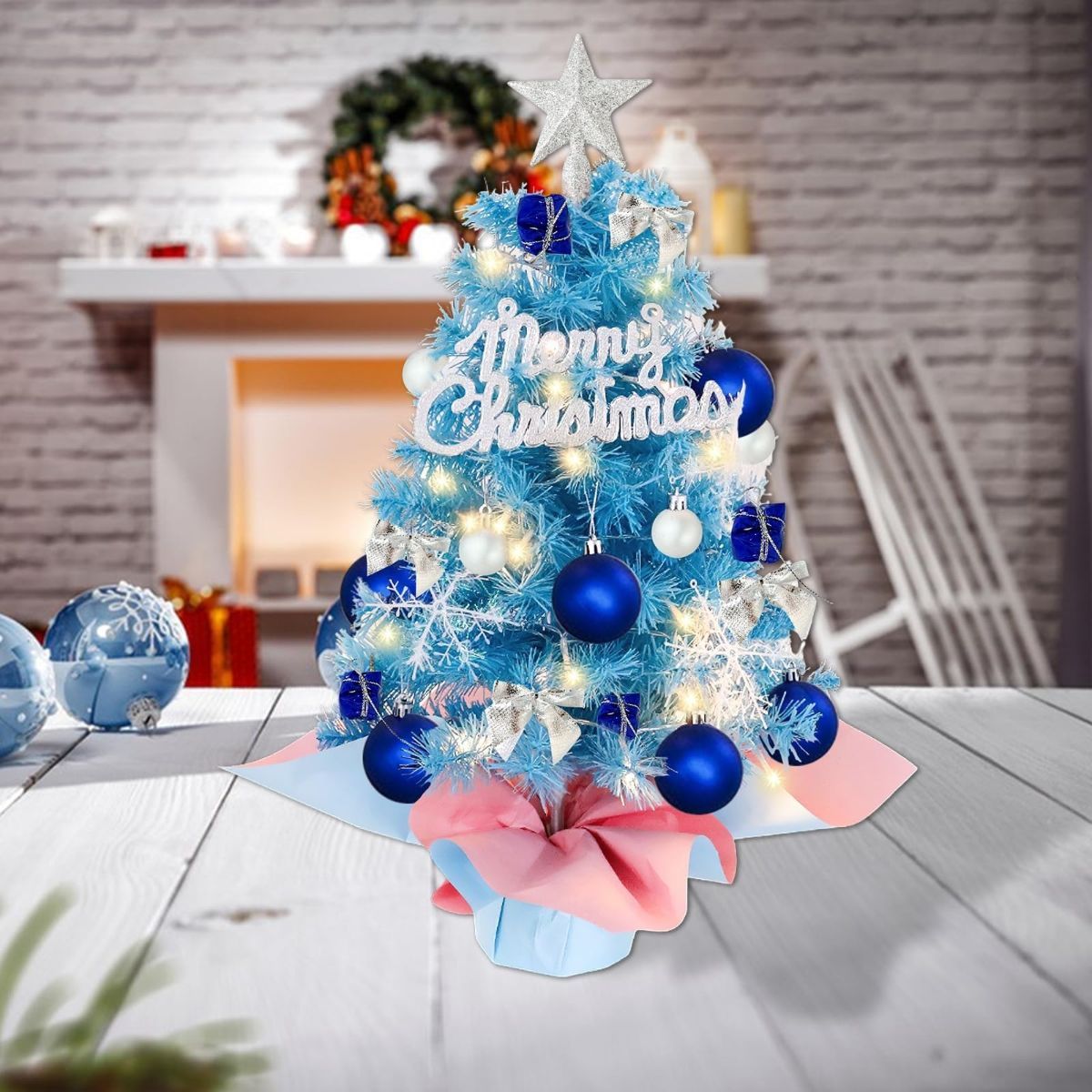 With LED String Light, Mini Christmas Tree, Tabletop Artificial Christmas Tree with Ornaments – Perfect for Home Indoor Decor, Living Room, Bedroom, Office Desk, Mantelpiece, Windowsill, Party Centerpiece and Holiday Display - Blue - Size 45cm