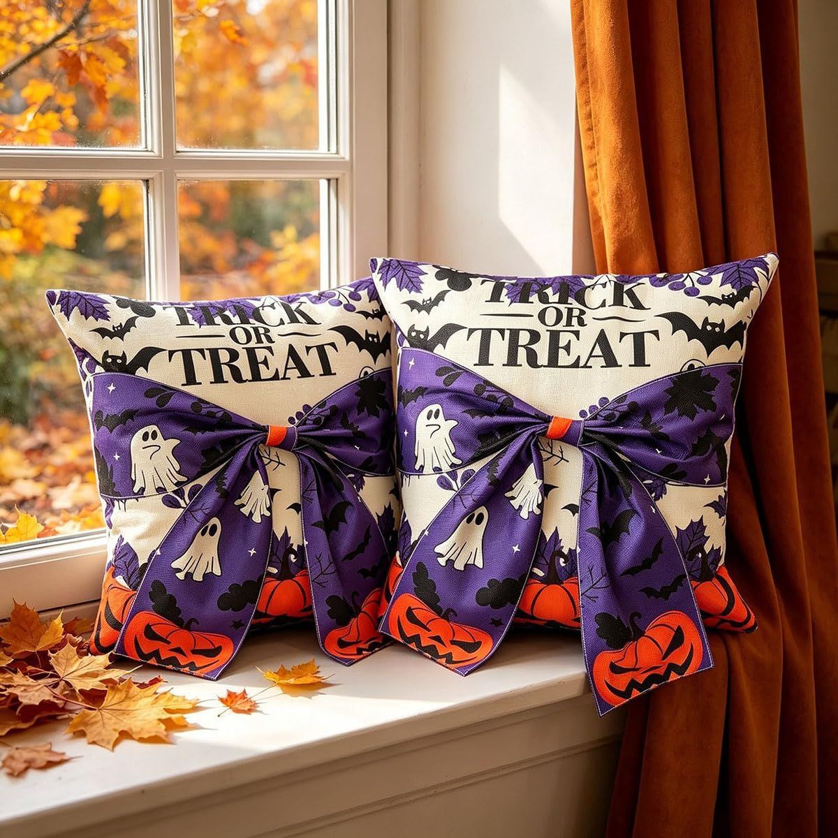 Halloween Pillow Covers Set of 2，18X18 Inch Autumn Bow Decorative Holloween Cushion Cases for Sofa Couch Home Decor - Purple - Size 18*18in