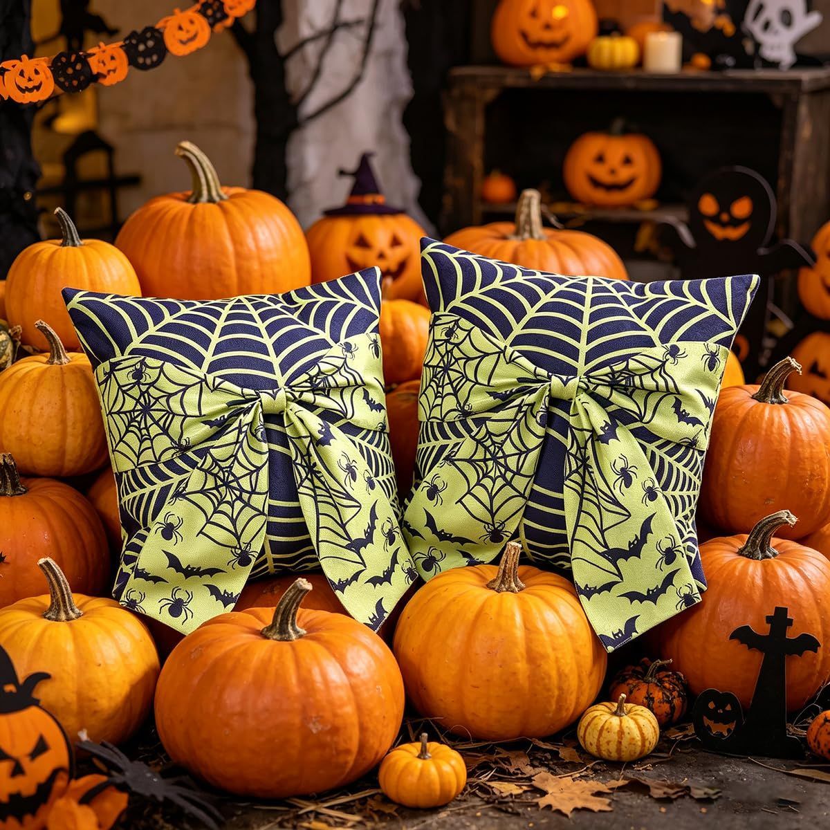 Halloween Pillow Covers Set of 2，18X18 Inch Autumn Bow Decorative Holloween Cushion Cases for Sofa Couch Home Decor - Red - Size 18*18in