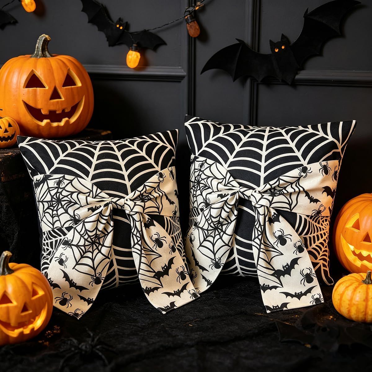 Halloween Pillow Covers Set of 2，18X18 Inch Autumn Bow Decorative Holloween Cushion Cases for Sofa Couch Home Decor - White - Size 18*18in