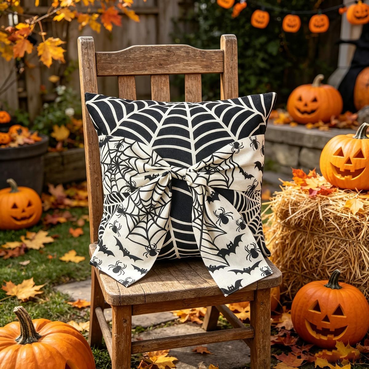 Halloween Pillow Covers Set of 2，18X18 Inch Autumn Bow Decorative Holloween Cushion Cases for Sofa Couch Home Decor - White - Size 18*18in