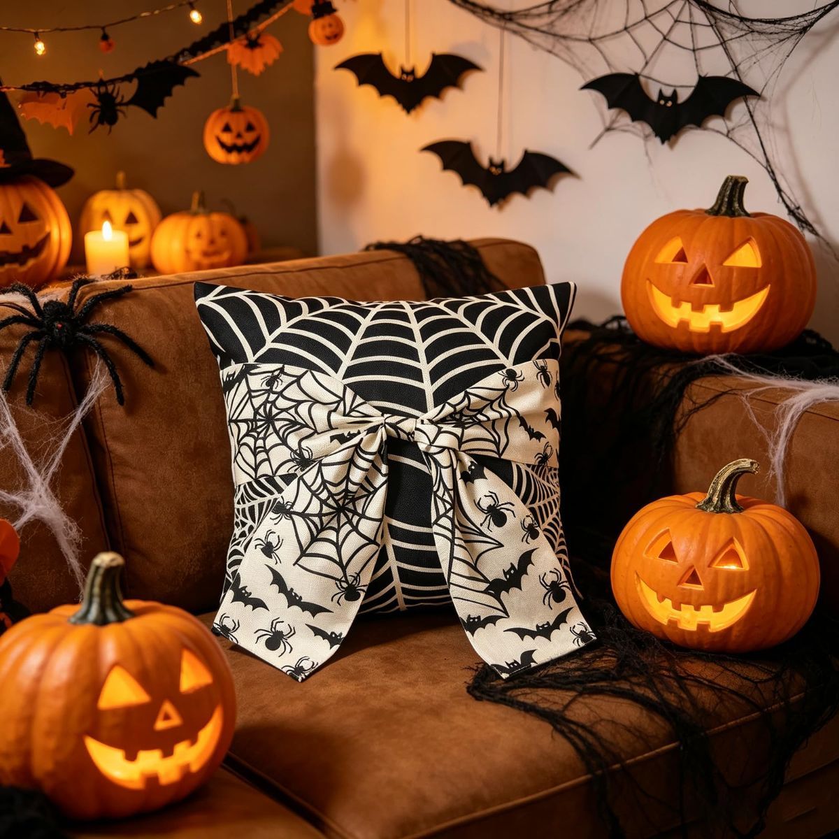 Halloween Pillow Covers Set of 2，18X18 Inch Autumn Bow Decorative Holloween Cushion Cases for Sofa Couch Home Decor - White - Size 18*18in