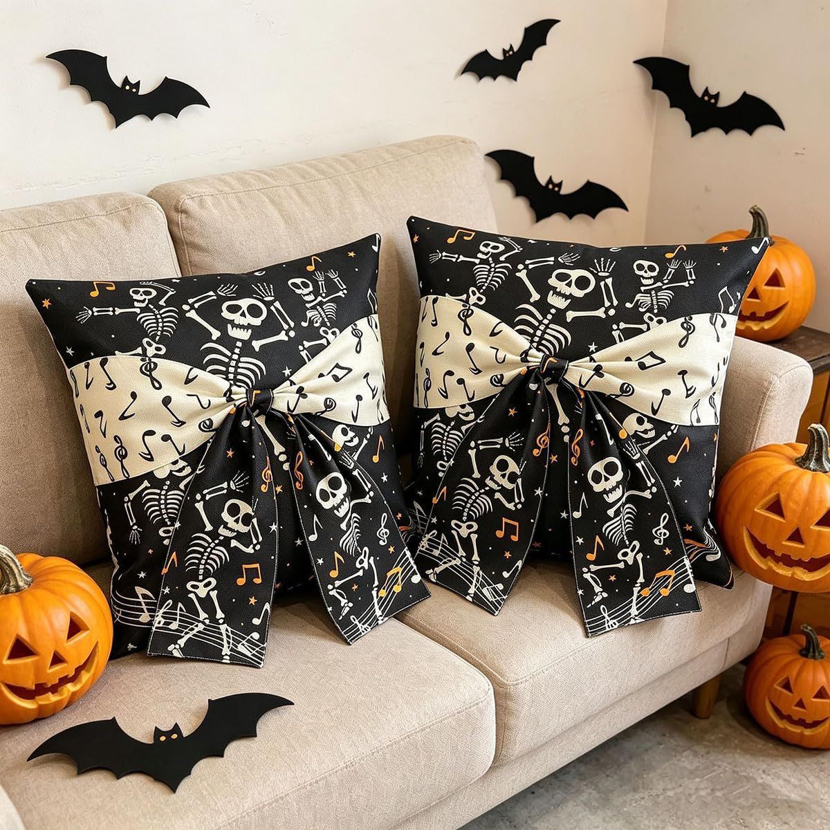 Halloween Pillow Covers Set of 2，18X18 Inch Autumn Bow Decorative Holloween Cushion Cases for Sofa Couch Home Decor - White - Size 18*18in