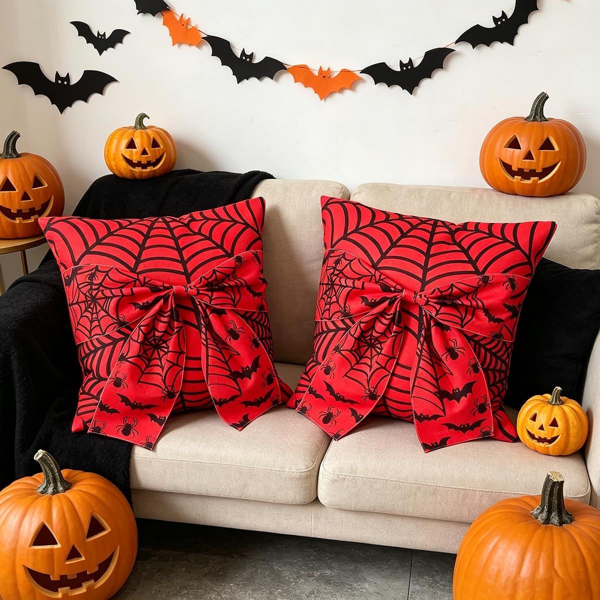 Halloween Pillow Covers Set of 2，18X18 Inch Autumn Bow Decorative Holloween Cushion Cases for Sofa Couch Home Decor - White - Size 18*18in