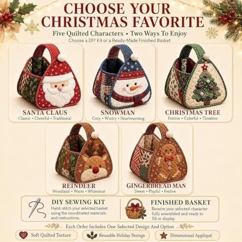 Christmas Character Quilted Carry Basket, DIY Fabric Storage Basket (#D) | Foldable Handmade Storage Bin, Decorative Home Organizer for Home Storage Home Storage - Multi - Size Snowman