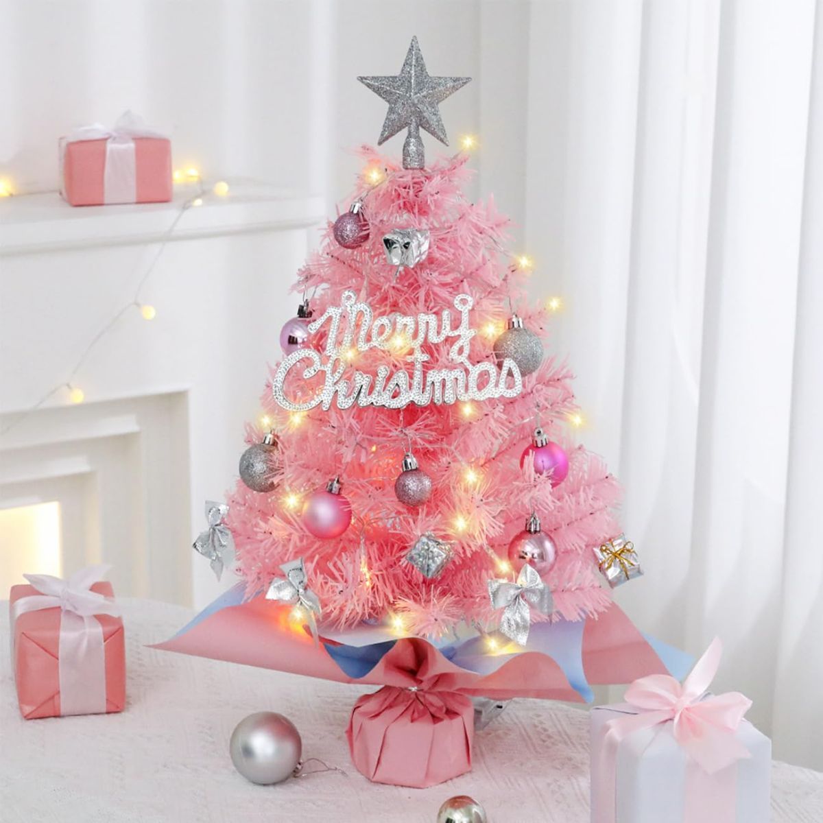 With LED String Light, Christmas Tree with Silver Star Topper, Tabletop Xmas Tree Ribbon Bow, Gift Pack, Ball Hanging Ornaments Decorated Paper Bag Base, Indoor Winter Holiday Table Decor - Pink - 17.7in