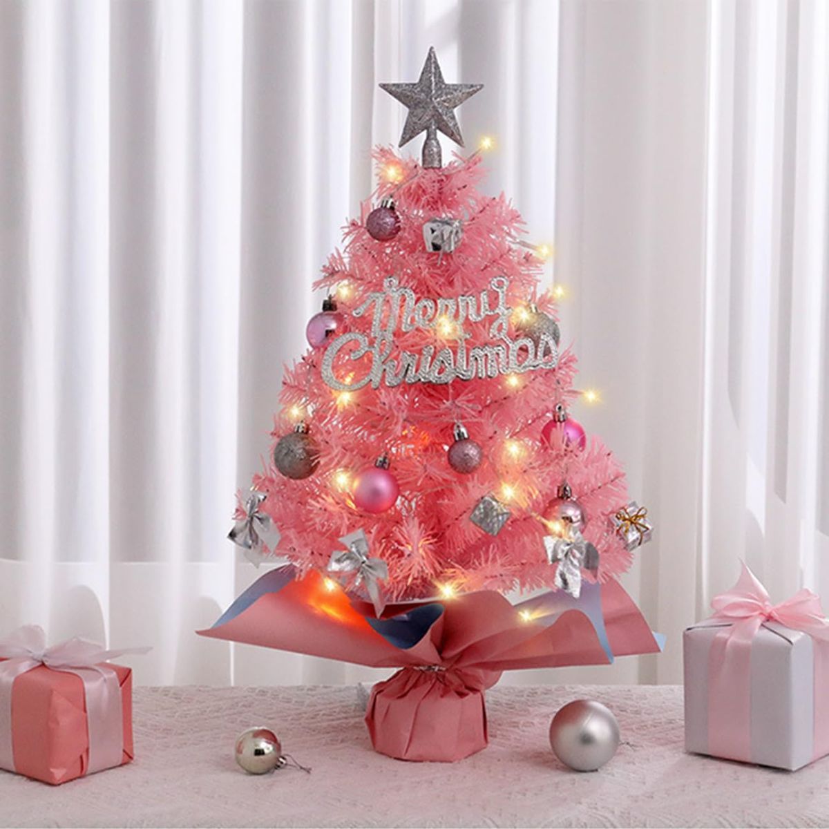 With LED String Light, Christmas Tree with Silver Star Topper, Tabletop Xmas Tree Ribbon Bow, Gift Pack, Ball Hanging Ornaments Decorated Paper Bag Base, Indoor Winter Holiday Table Decor - Pink - 17.7in