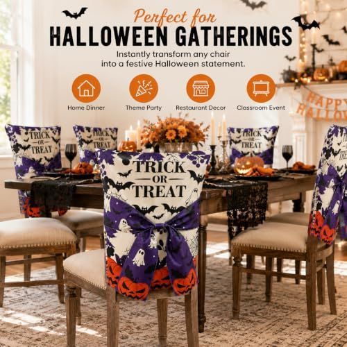 Halloween Dining Chair Slipcover Spooky Chair Back Covers Stretchable Washable Chair Protective Covers for Dining Room Kitchen Office Hotel Seat Decor - A - Size 4Pack
