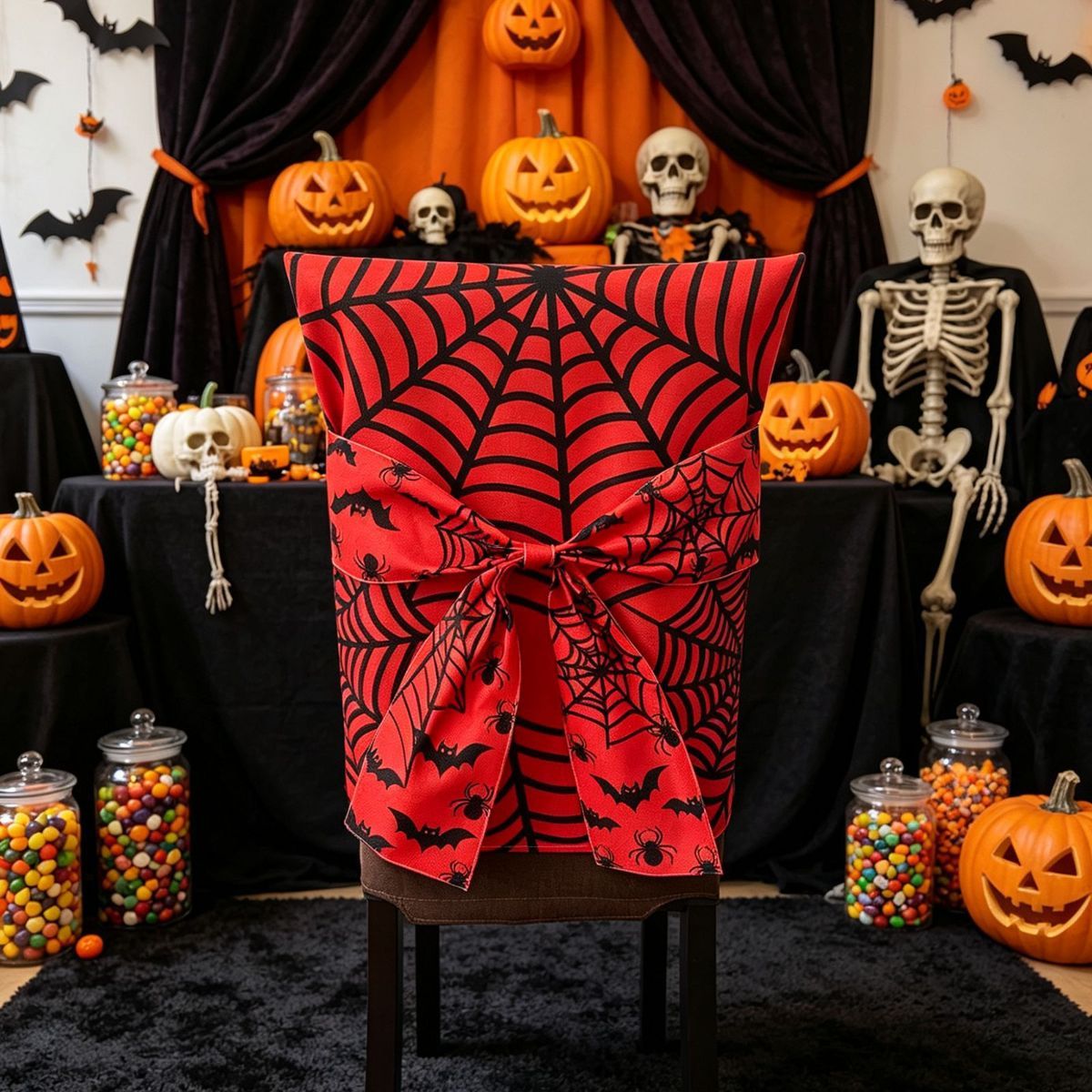 Halloween Dining Chair Slipcover Spooky Chair Back Covers Stretchable Washable Chair Protective Covers for Dining Room Kitchen Office Hotel Seat Decor - D - Size 1Pack