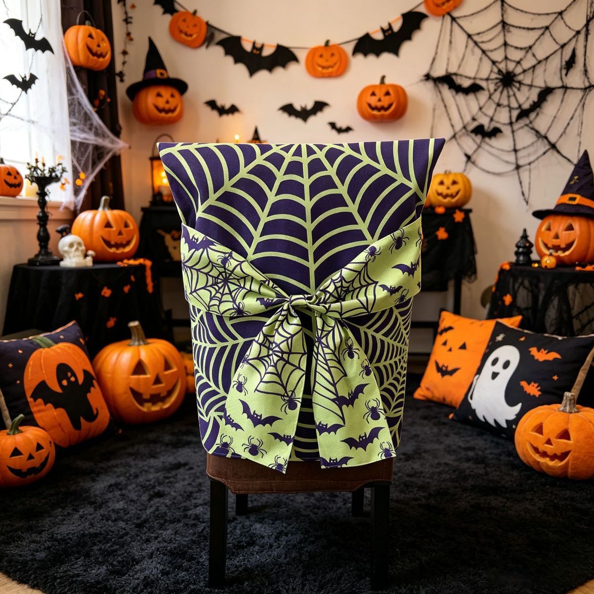 Halloween Dining Chair Slipcover Spooky Chair Back Covers Stretchable Washable Chair Protective Covers for Dining Room Kitchen Office Hotel Seat Decor - D - Size 1Pack