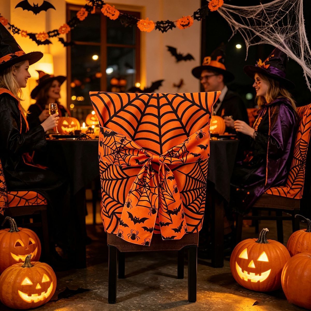 Halloween Dining Chair Slipcover Spooky Chair Back Covers Stretchable Washable Chair Protective Covers for Dining Room Kitchen Office Hotel Seat Decor - F - Size 4Pack