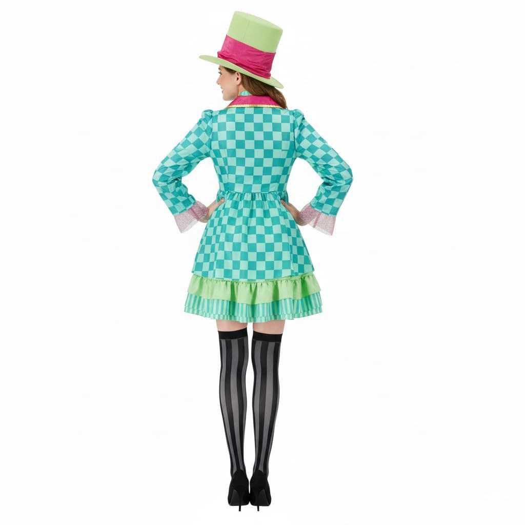 Hatter Costume Women Mad Tea Party Halloween Cosplay Dress with Bowtie Top Hat Leggings Mardi Gras Parade Outfits - Green - Size S