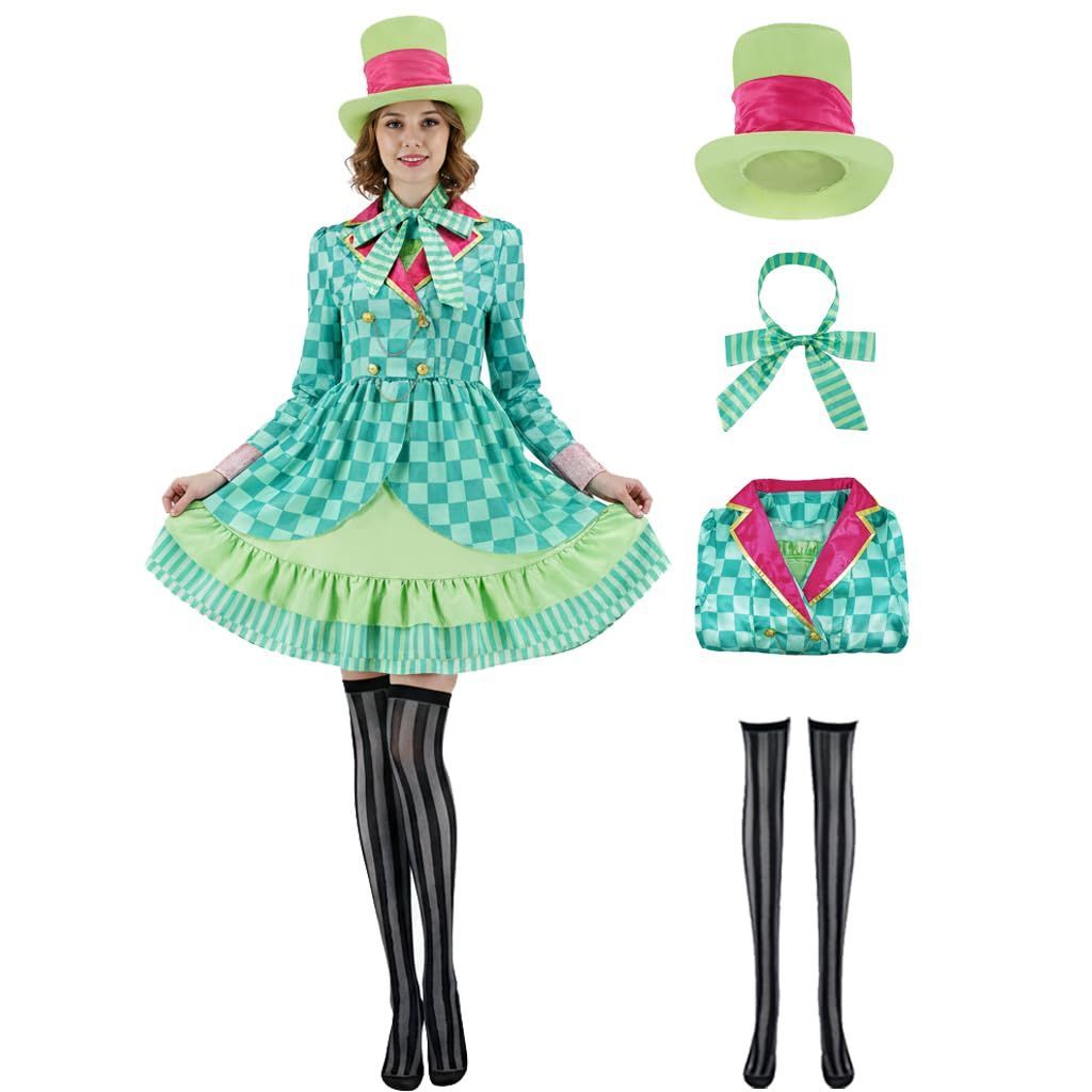 Hatter Costume Women Mad Tea Party Halloween Cosplay Dress with Bowtie Top Hat Leggings Mardi Gras Parade Outfits - Green - Size XXXL