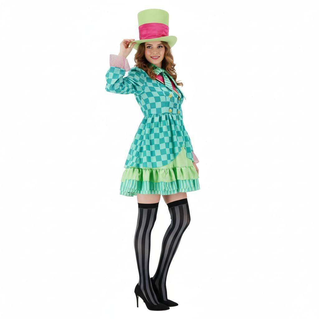 Hatter Costume Women Mad Tea Party Halloween Cosplay Dress with Bowtie Top Hat Leggings Mardi Gras Parade Outfits - Green - Size XXXL
