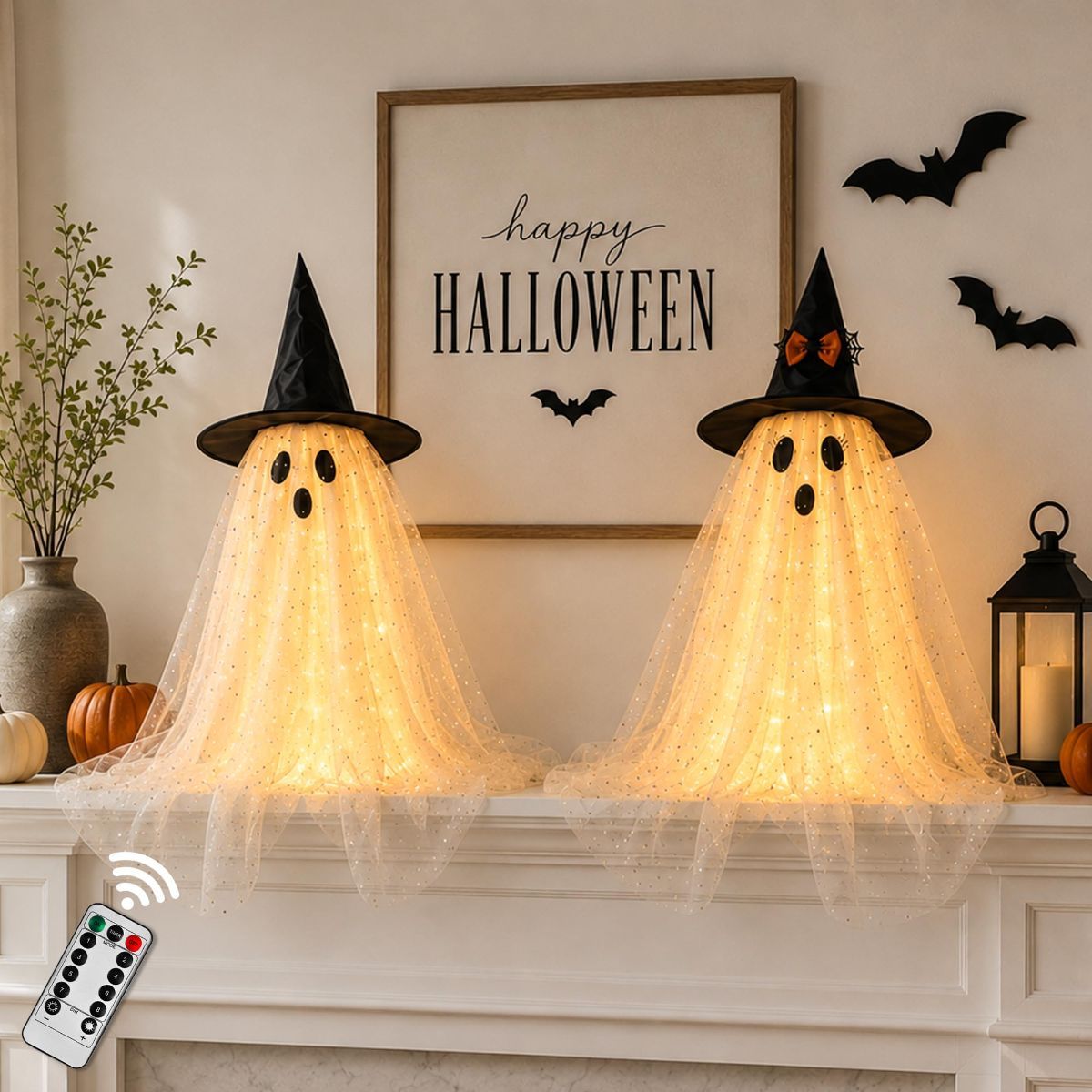 2pcs Halloween Decorations Indoor,Ghost Decor with String Lights Remote Control,Halloween Party Decorations,Spooky Ghost Light for Home Table Room Kitchen Office