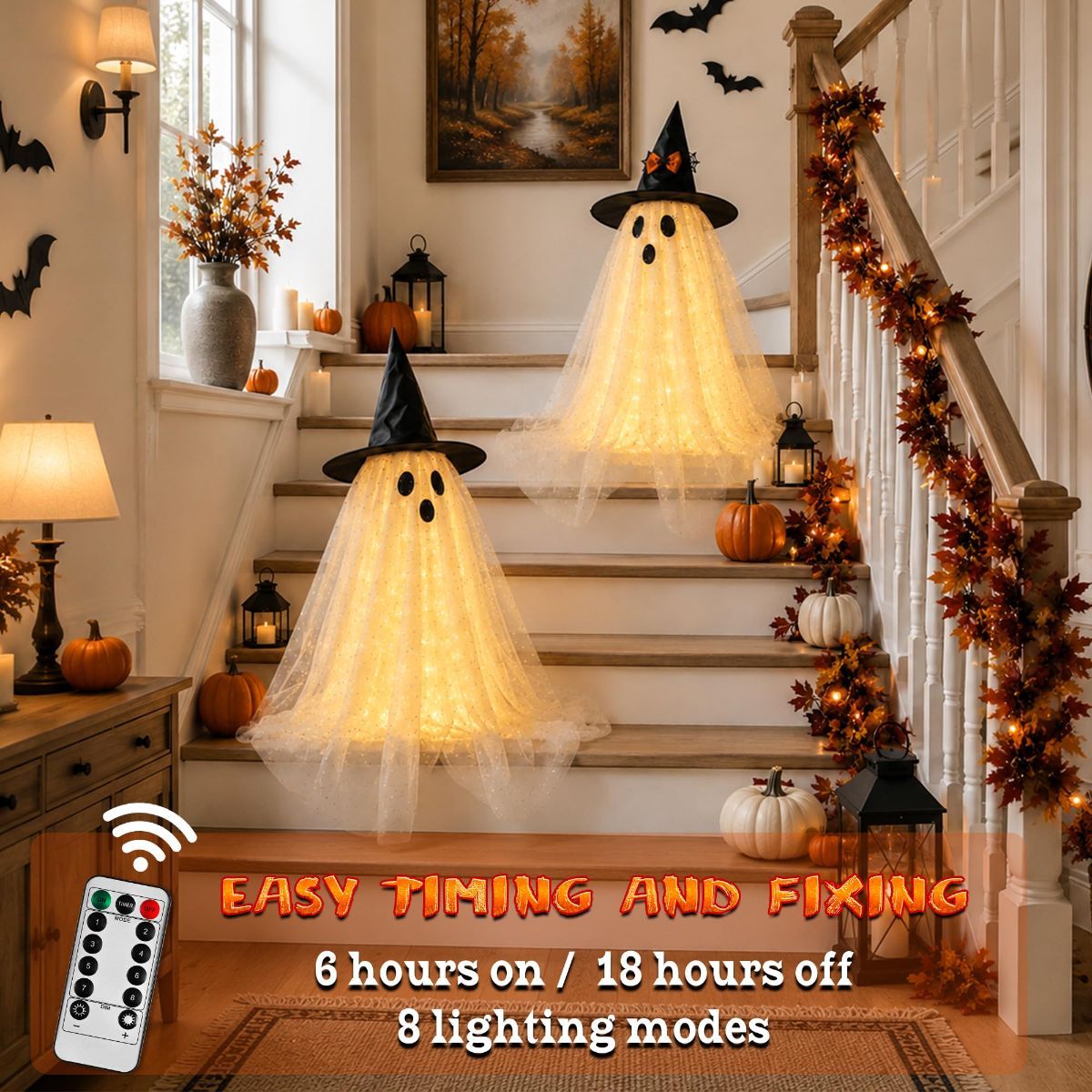 2pcs Halloween Decorations Indoor,Ghost Decor with String Lights Remote Control,Halloween Party Decorations,Spooky Ghost Light for Home Table Room Kitchen Office