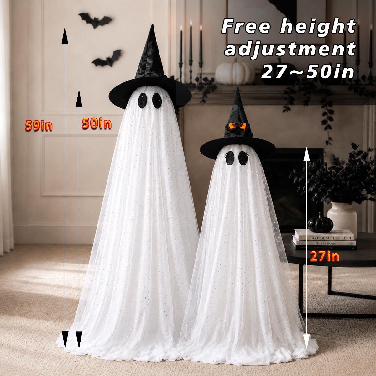 2Packs Halloween Decorations Outdoor,Halloweens Party Decoration Indoor,Spooky Ghost with Remote Control String Lights,Halloween-Ghost Lights for Porches Yards Gardens Lawn