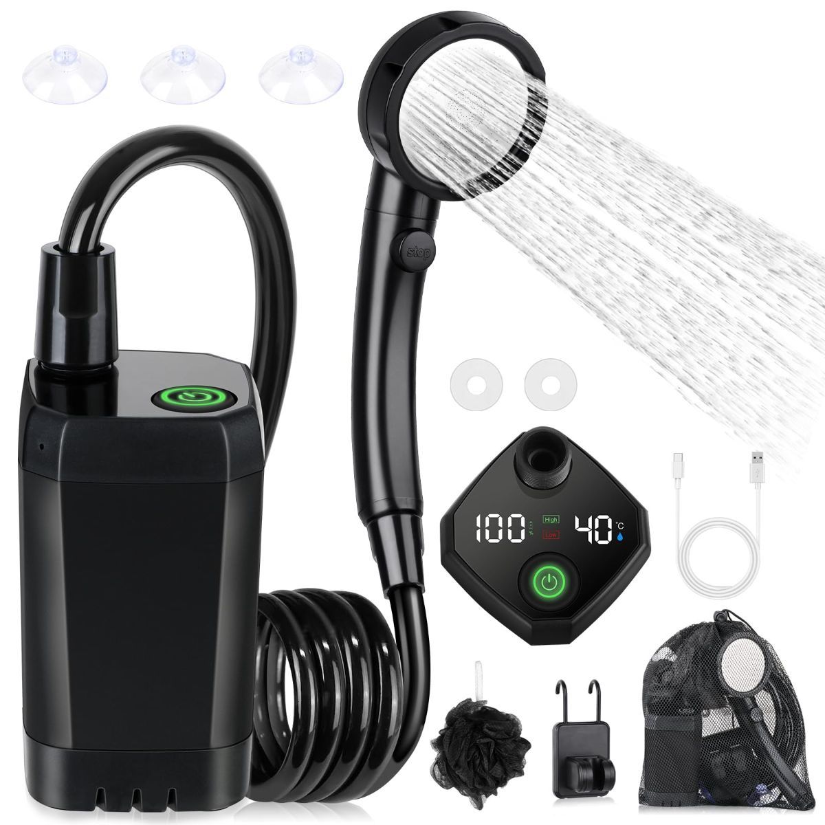 Portable Shower for Camping, [Long-Lasting] 6000mAh Rechargeable Camping Shower with Intelligent LED Display, 4 Spray Modes, IPX7 Waterproof Outdoor Camp Pump for Hiking, Travel, Car, Pet - Black - Size 4.64*2.64in