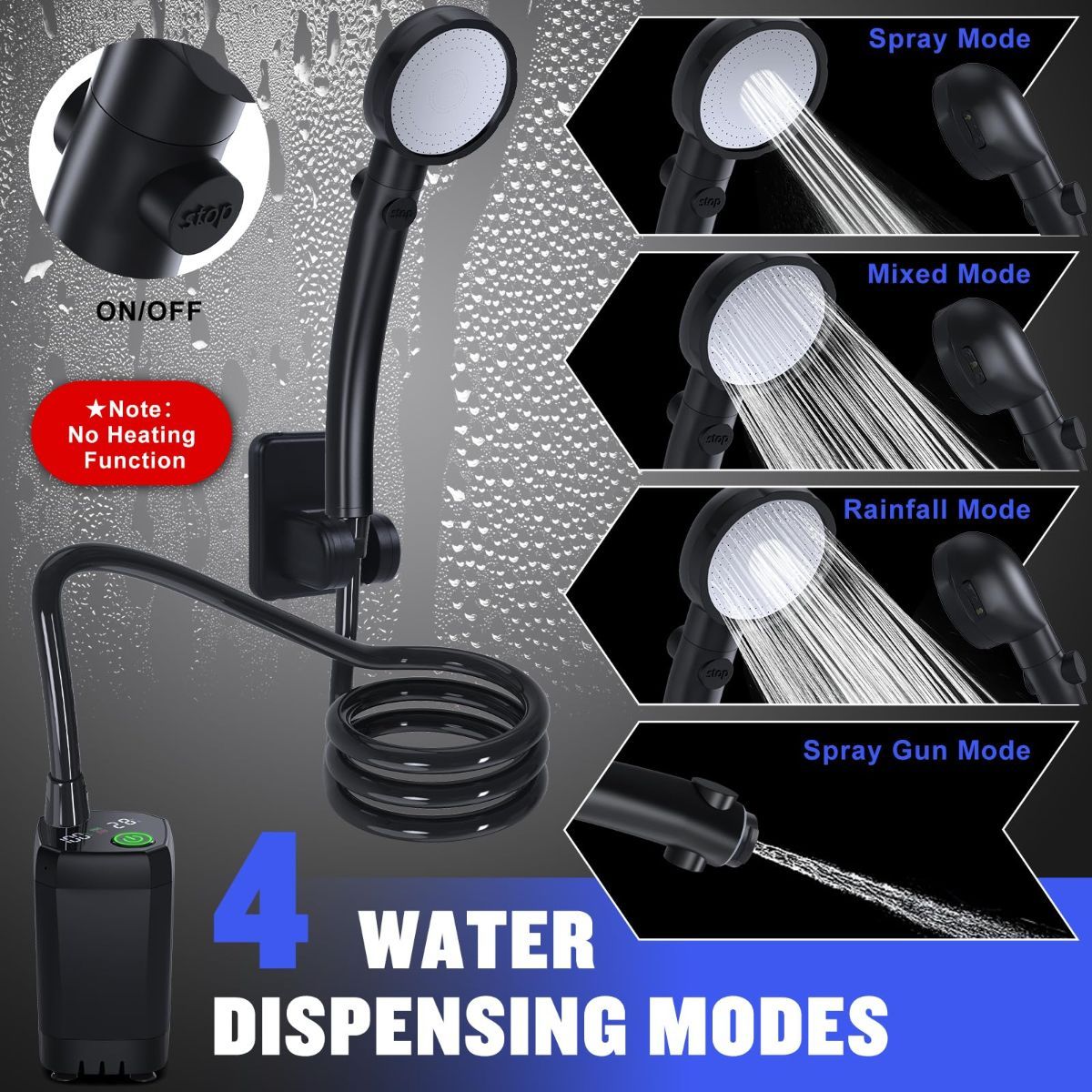 Portable Shower for Camping, [Long-Lasting] 6000mAh Rechargeable Camping Shower with Intelligent LED Display, 4 Spray Modes, IPX7 Waterproof Outdoor Camp Pump for Hiking, Travel, Car, Pet - Black - Size 4.64*2.64in