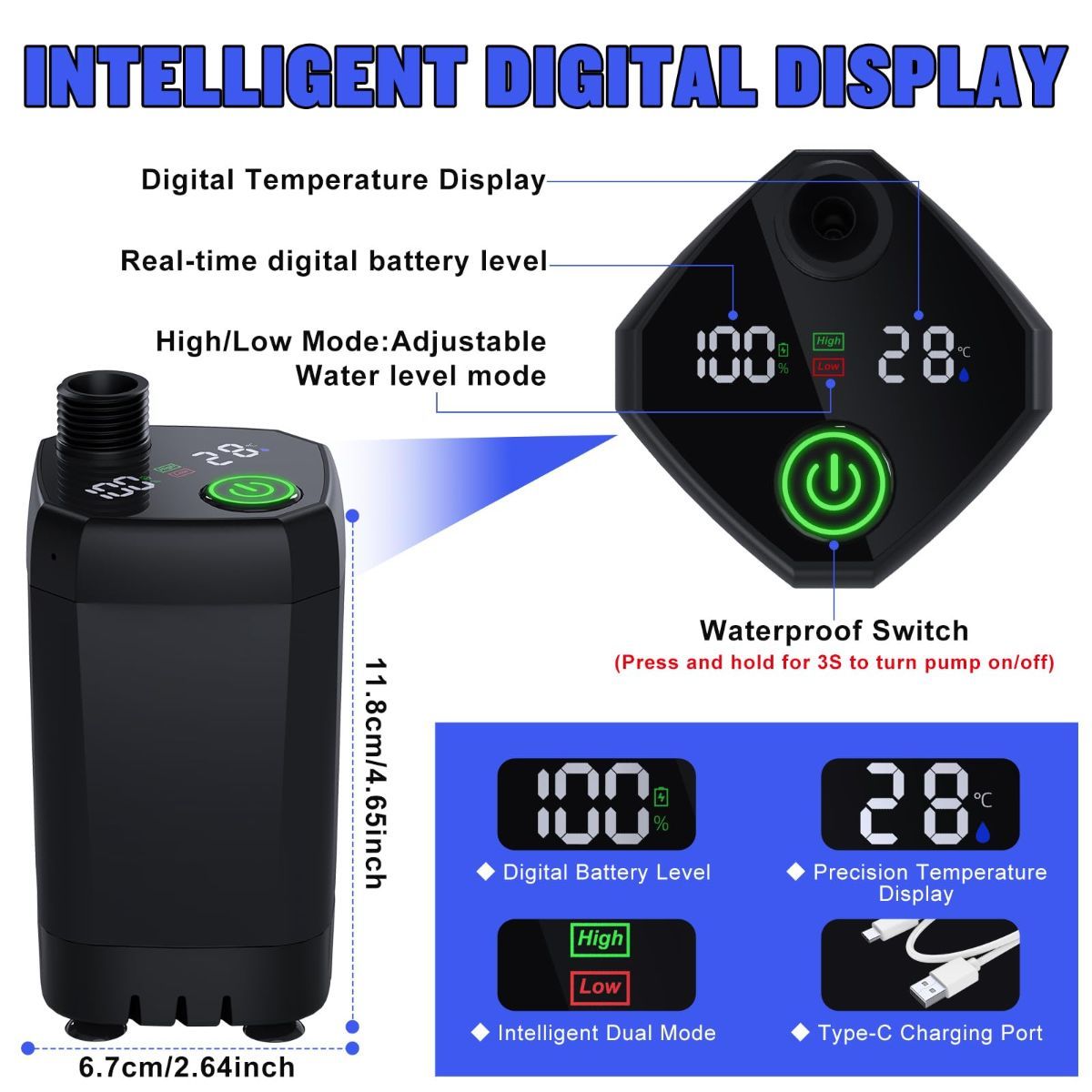 Portable Shower for Camping, [Long-Lasting] 6000mAh Rechargeable Camping Shower with Intelligent LED Display, 4 Spray Modes, IPX7 Waterproof Outdoor Camp Pump for Hiking, Travel, Car, Pet - Black - Size 4.64*2.64in