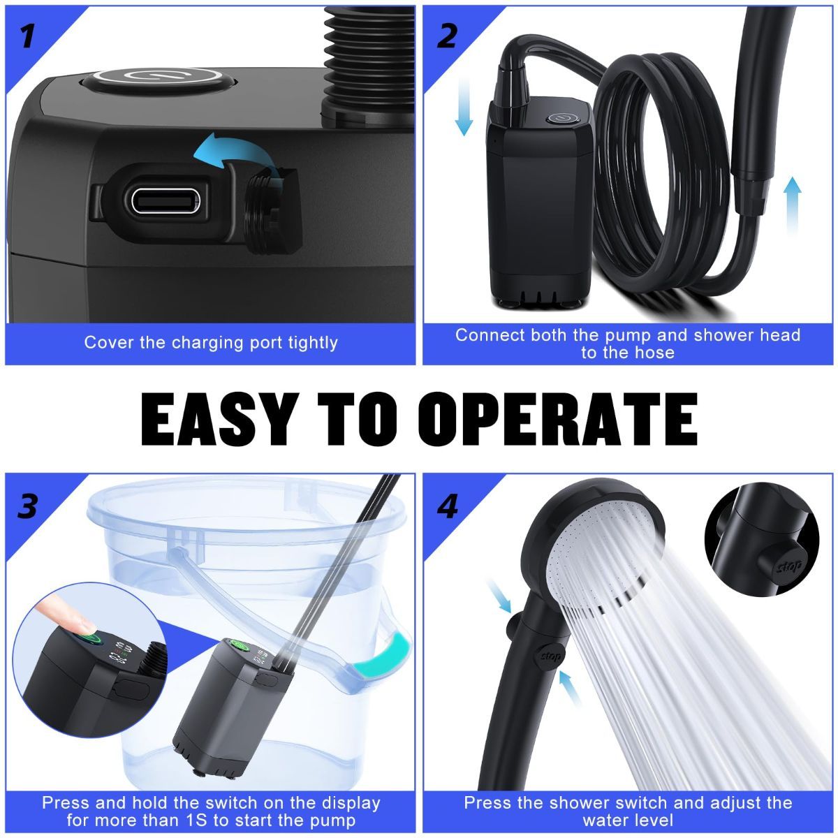 Portable Shower for Camping, [Long-Lasting] 6000mAh Rechargeable Camping Shower with Intelligent LED Display, 4 Spray Modes, IPX7 Waterproof Outdoor Camp Pump for Hiking, Travel, Car, Pet - Black - Size 4.64*2.64in