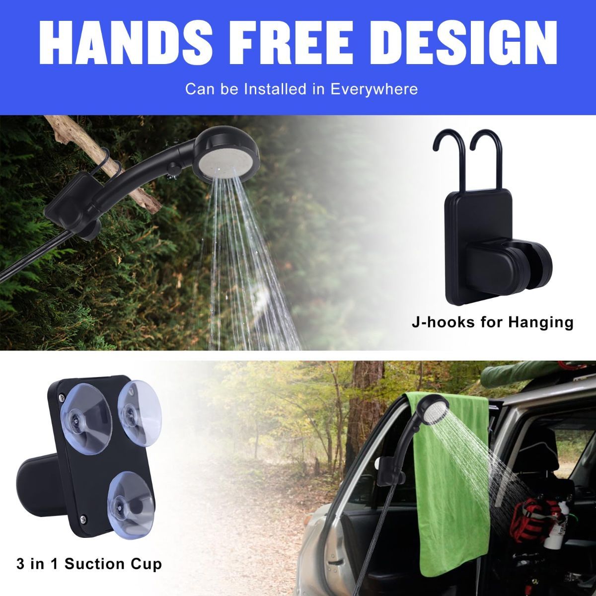 Portable Shower for Camping, [Long-Lasting] 6000mAh Rechargeable Camping Shower with Intelligent LED Display, 4 Spray Modes, IPX7 Waterproof Outdoor Camp Pump for Hiking, Travel, Car, Pet - Black - Size 4.64*2.64in