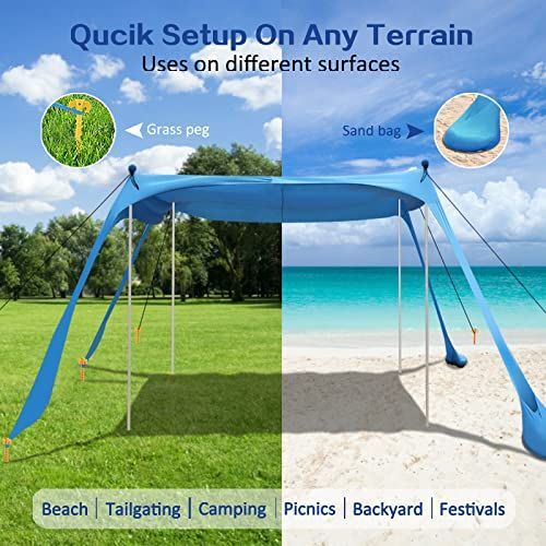 210*200*150CM 4 Poles Beach Tent Shade Canopy with UPF50+ Protection Sun Shelter Portable Camping Tents with Sandbags Poles and Ground Pegs and Anti-Wind Ropes for Beach Outdoor Camping Backyard Picnics - Blue