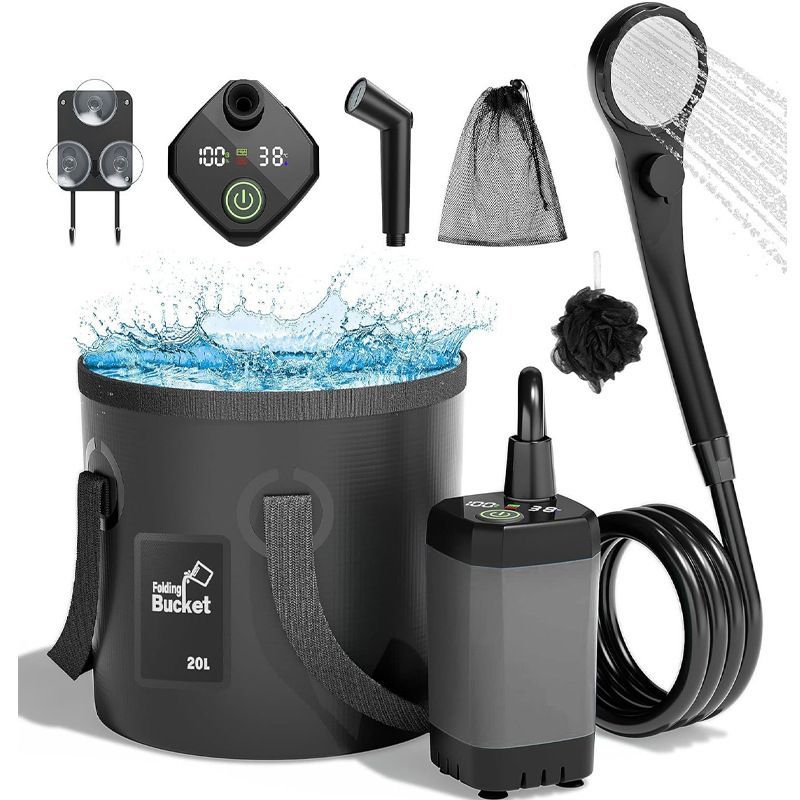 Portable Camping Shower, 6000mAh Rechargeable Outdoor Shower Pump 4 Spray Modes & Speeds, Ipx7 Waterproof, LED Display, Portable Shower for Camping, Car & Pet - Black - Size 5.3-gallon bucket, spray gun, and bath bomb