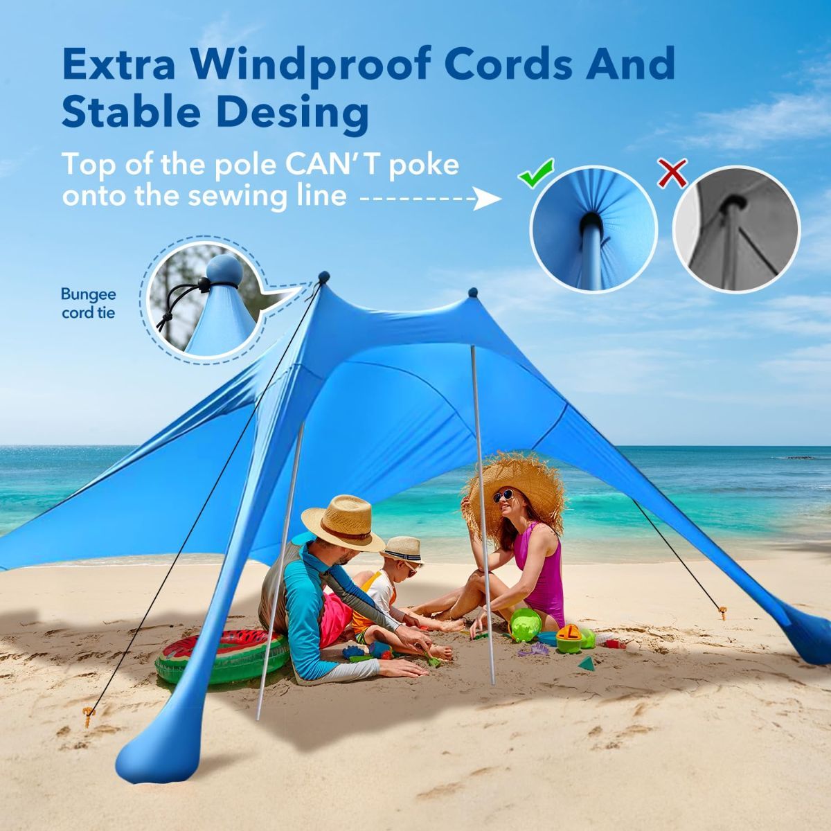 300*300*200CM 2 Poles Beach Tent Shade Canopy with UPF50+ Protection Sun Shelter Portable Camping Tents with Sandbags Poles and Ground Pegs and Anti-Wind Ropes for Beach Outdoor Camping Backyard Picnics - Blue