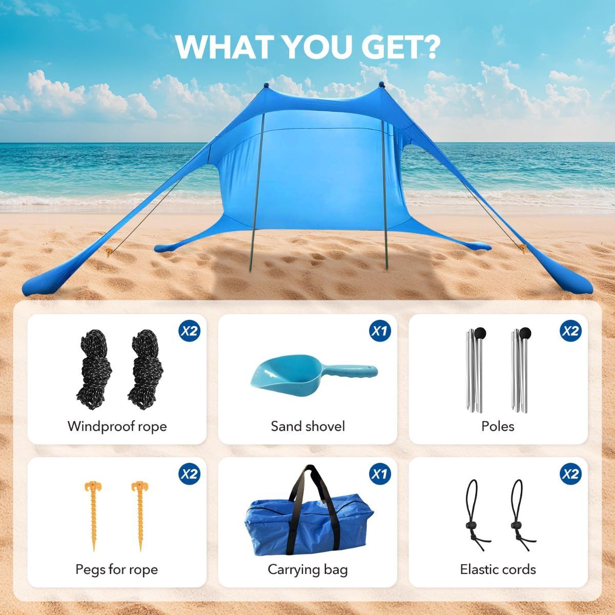300*300*200CM 2 Poles Beach Tent Shade Canopy with UPF50+ Protection Sun Shelter Portable Camping Tents with Sandbags Poles and Ground Pegs and Anti-Wind Ropes for Beach Outdoor Camping Backyard Picnics - Blue