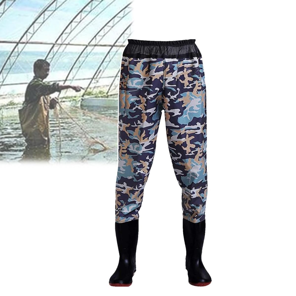 Waist Wading Pants, Thickened Rain Boots, Water Pants with PVC Waterproof, Anti Slip, Wear-Resistant Wading Boots,for Fly Fishing,Duck Hunting,Kayaking - Camo3 - Size 45