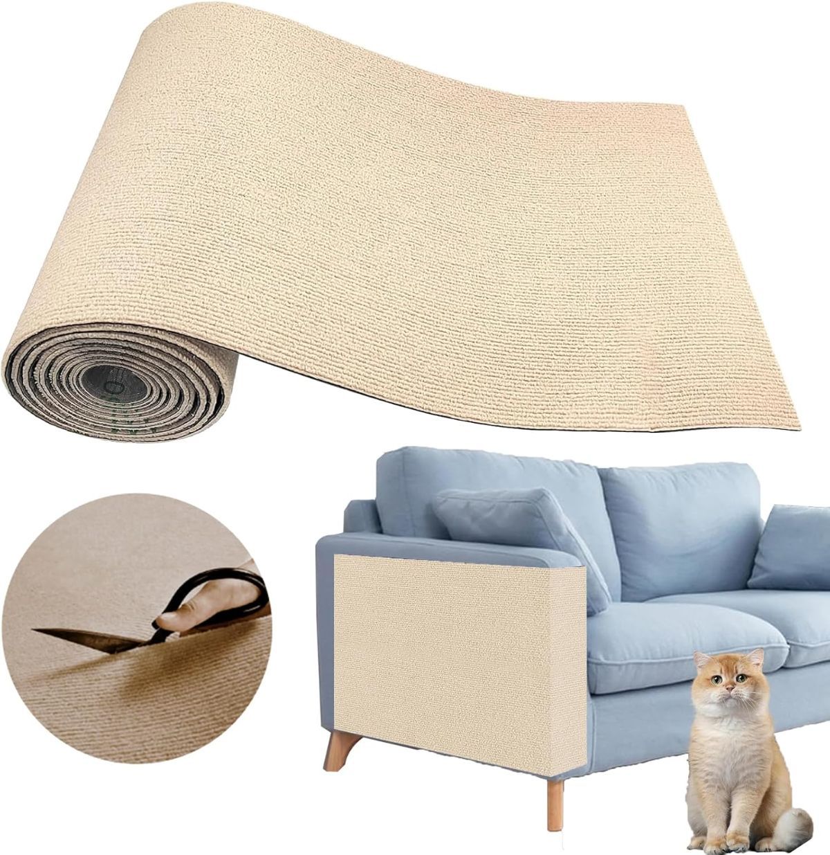 78.7"X15.8" Self-Adhesive Cat Scratching Mat - Durable Couch Protector from Cat Claws, DIY Furniture Protector from Cats Scratching, Sticky cat Scratch Wall mat- No Residue, Safe for Cats - Khaki