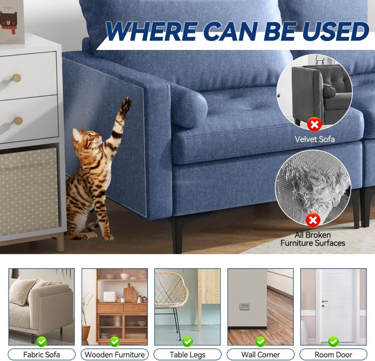 196.9"x15.7" Anti Cat Scratch Furniture Protector Clear Viny  | Couch Protector from Cat Claws Thicken - Single Sided Sticky Flexible Dog Tape for Furniture, for Couch Corner Door Walls Bed - Clear