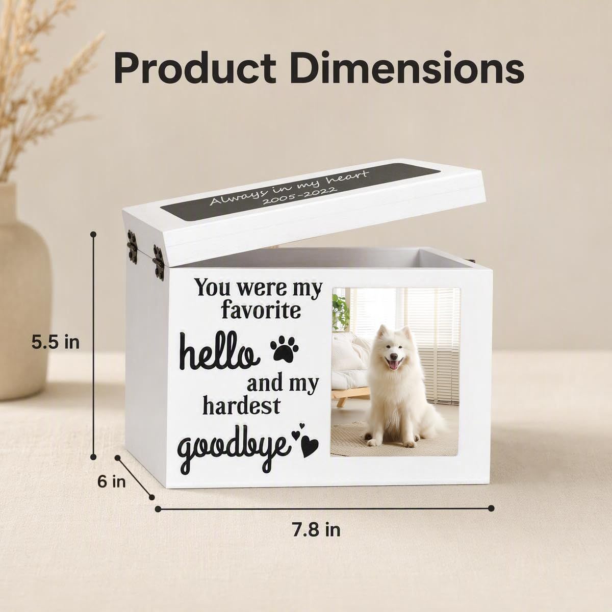 PLockable Wooden Pet Urn with Photo Frame for Dog Cat Ashes White Handcrafted Wood Cremation Container.Elegant Memorial Keepsake To Preserve Ashes,Tender Lasting Tribute For Furry Companions - White - Size 1Pack