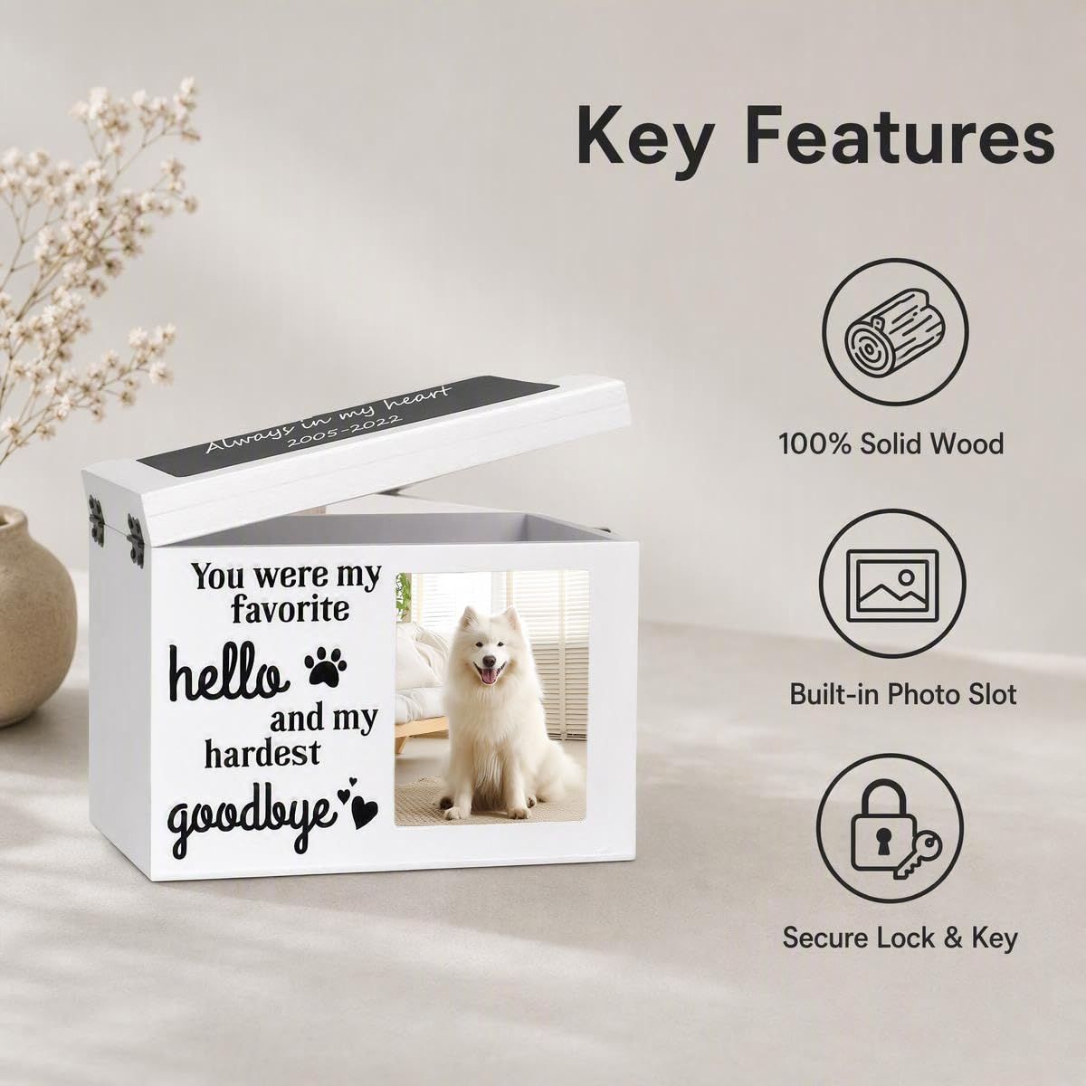 PLockable Wooden Pet Urn with Photo Frame for Dog Cat Ashes White Handcrafted Wood Cremation Container.Elegant Memorial Keepsake To Preserve Ashes,Tender Lasting Tribute For Furry Companions - White - Size 1Pack