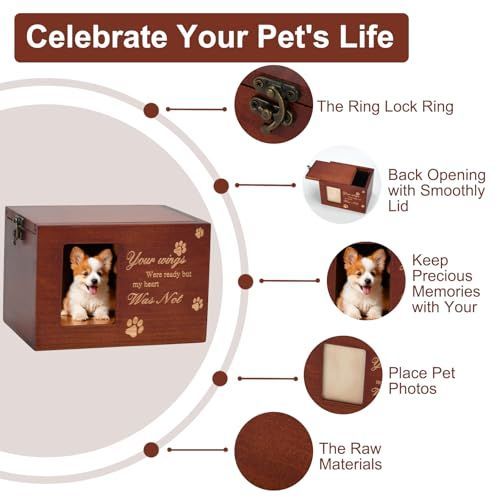 Pet Memorial Urns for Dog or Cat Ashes, Large Wooden Funeral Cremation Urns with Photo Frame, Keepsake Memory Box with Flannel Lining - Black - Size 16*11.2*11cm
