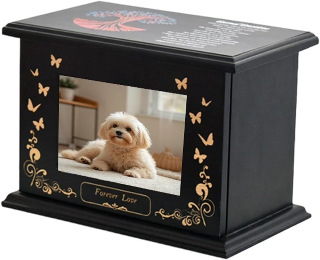 Pet Memorial Wooden Urn Box with Photo Frame, Life Tree Butterfly Ashes Keepsake Box Forever Love Pet Loss Bereavement Gift - Black - Size 28*20*17cm