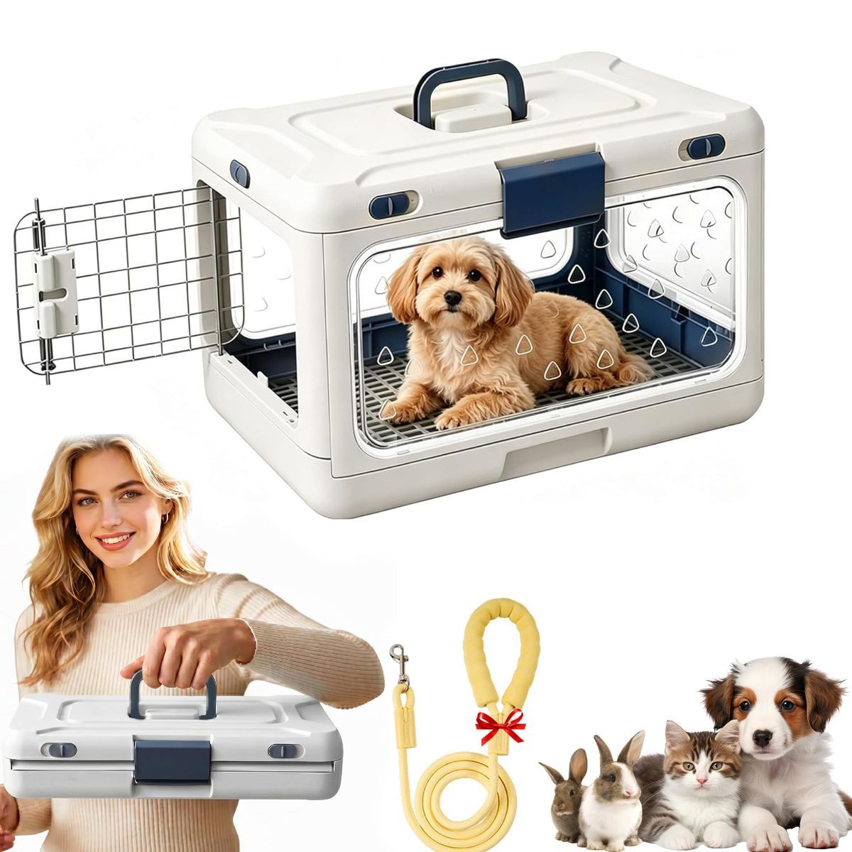 Foldable Hard Cat Carrier, Transparent Pet Crate for Cats & Small Dogs, Collapsible Travel Kennel with Ventilation & Urine Pad Mesh Grid, Portable Travel cage, Essential for pet Travel - White - Size 20*12.59*12.2in