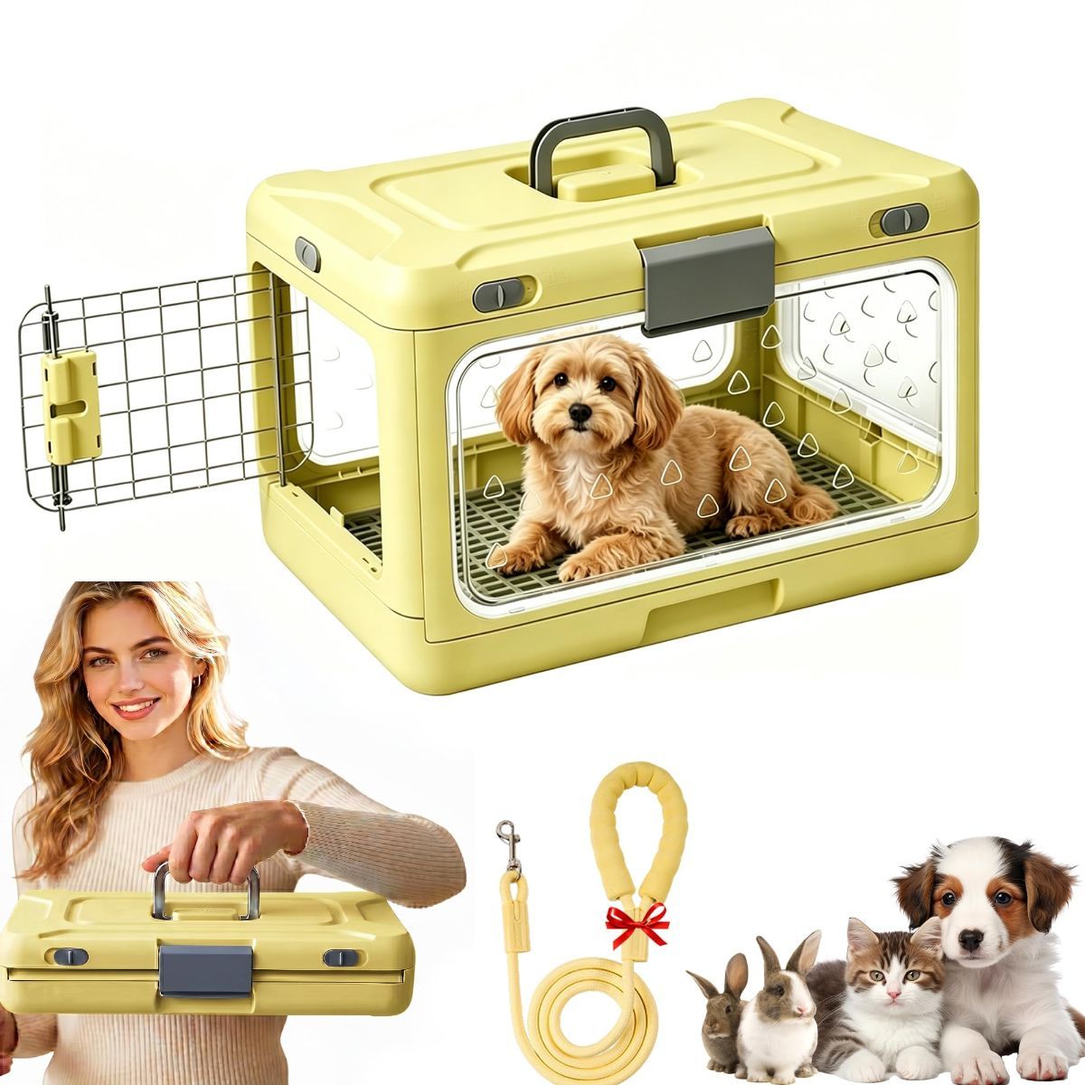 Foldable Hard Cat Carrier, Transparent Pet Crate for Cats & Small Dogs, Collapsible Travel Kennel with Ventilation & Urine Pad Mesh Grid, Portable Travel cage, Essential for pet Travel - Yellow - Size 20*12.59*12.2in