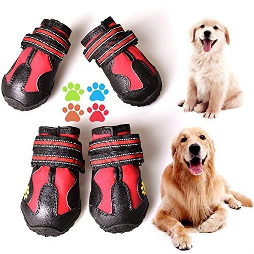 Dog Boots & Paw Protectors Non-Slip Waterproof | Dog Booties Adjustable Straps for Hot Pavement and Winter, Dog Shoes for Medium to Large Dogs 4Pcs with Rugged Sole - Red - Size 6