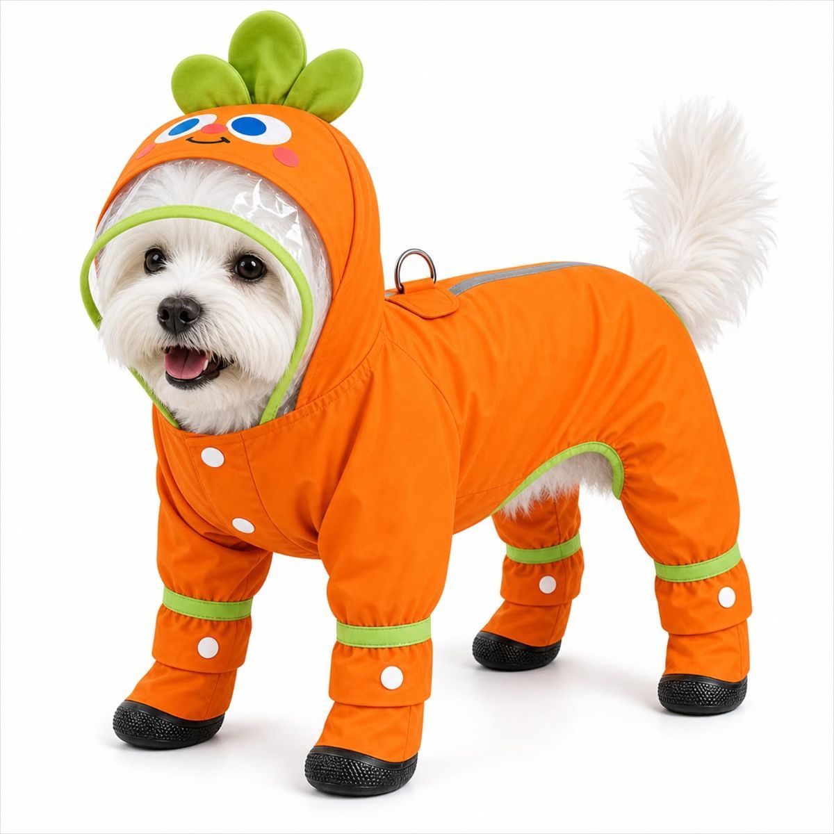 Dog Raincoat with Removable Boots, Clear Hood, 300D polyester with full-body coverage, reflective trim and a back D-ring for snowy, muddy and low-light walks and home use - Orange - Size M