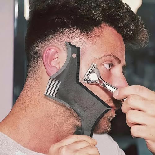 Men's Beard Styling Template for Goatee, sideburns, Chin, Cheek/Neck line, Symmetry/Curve/Step Cut - Black - Size 20cm