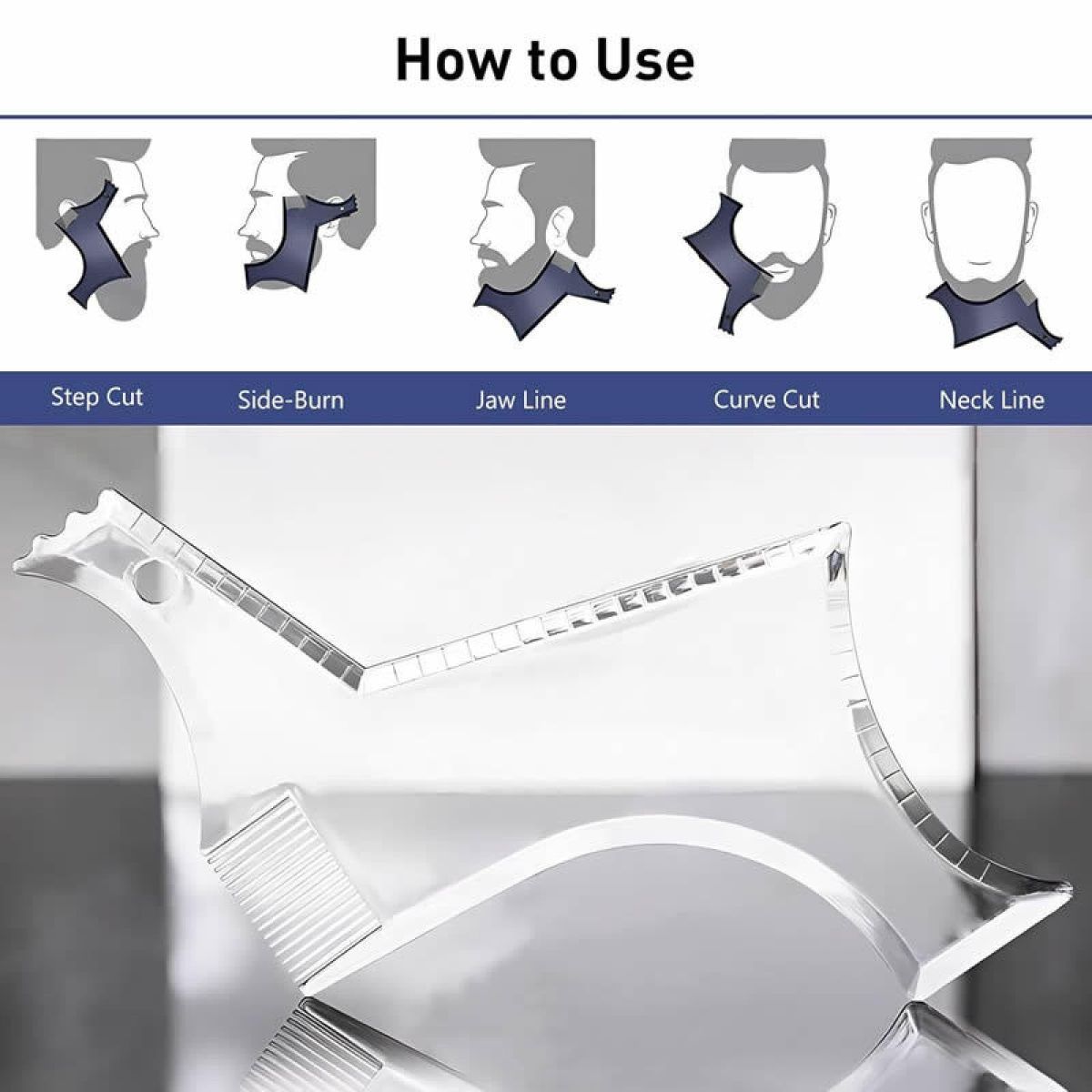 Men's Beard Styling Template for Goatee, sideburns, Chin, Cheek/Neck line, Symmetry/Curve/Step Cut - Black - Size 20cm